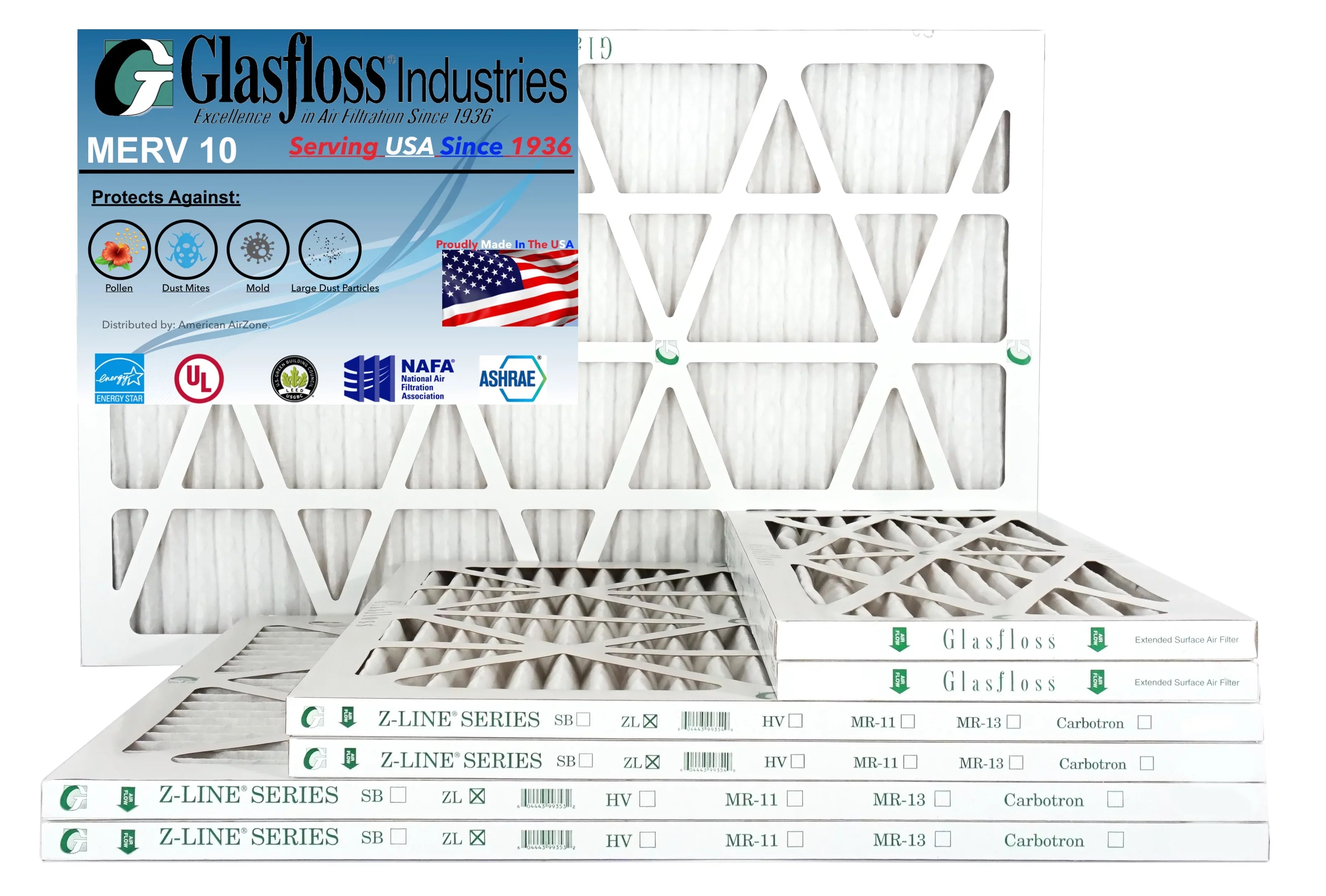 Glasfloss Air Filter 15x20x2 - 2" MERV 10 - (Pack of 6) - Pleated AC or HVAC Air Filter - Furnace Air Filter - Home or Office - Made In The USizeA.