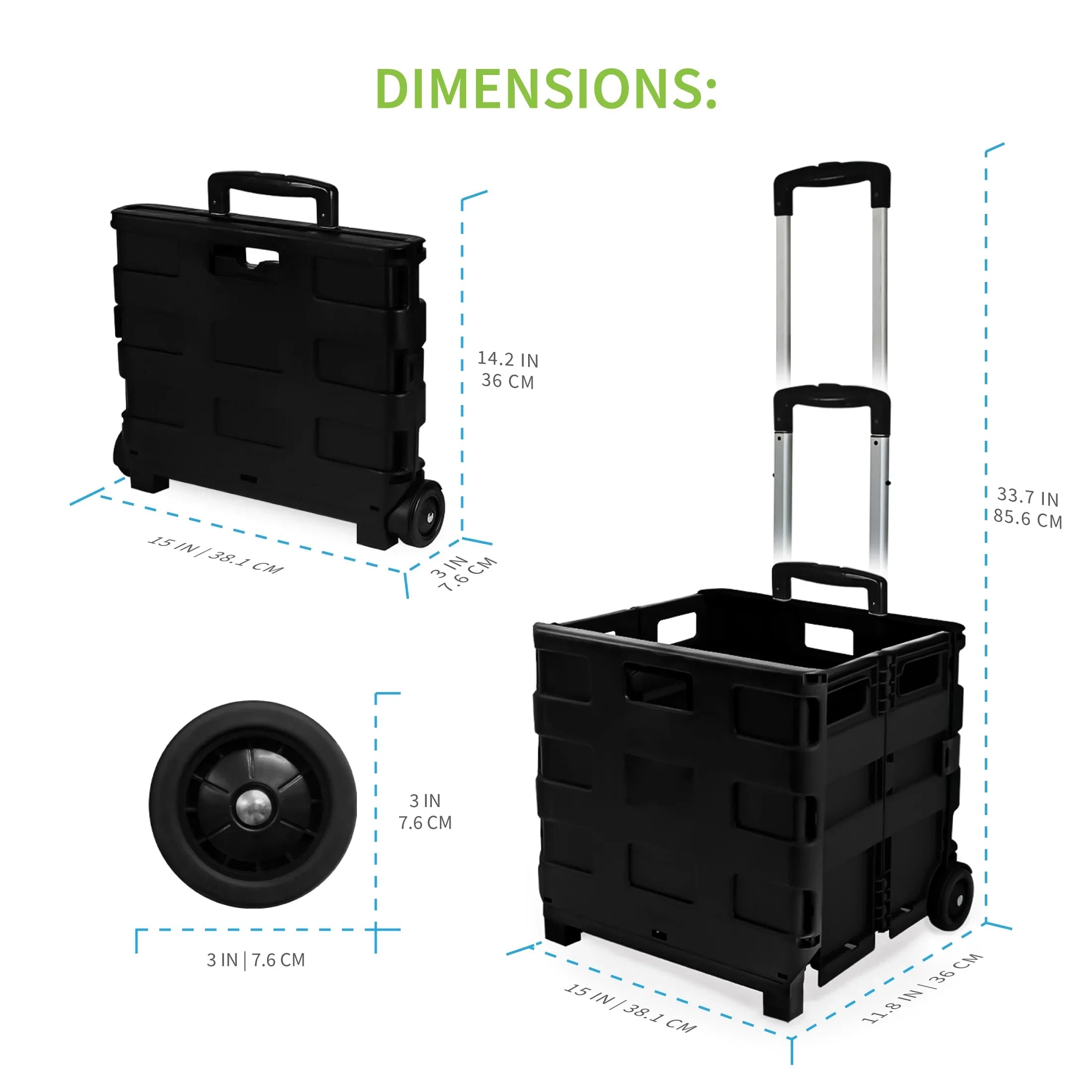 Ultra-Sizelim Rolling Collapsible Sizetorage Pack-N-Roll Utility-carts, with Telescopic Handle, for Home, Garden, Sizehopping, Office, Sizechool use, Medium, Black