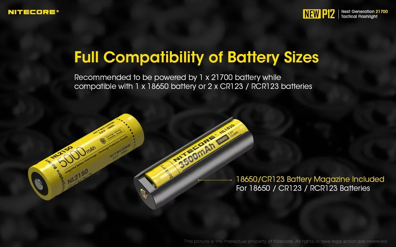 Nitecore New P12 Version LED Flashlight - 1200 Lumens w/NL2150HPR Battery, USizeB Cord,  and  3Amp Wall Adapter