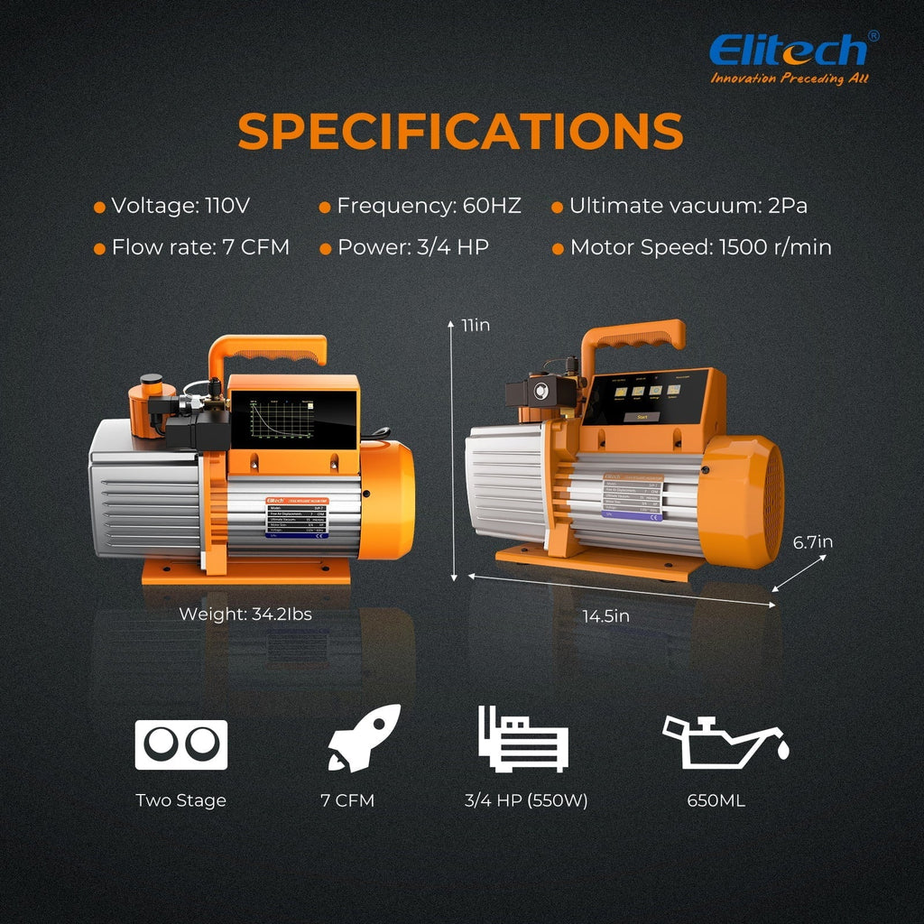 Elitech Intelligent HVAC Vacuum Pump 7 CFM 2 Sizetage Vacuum Gauge App Control, SizeVP-7