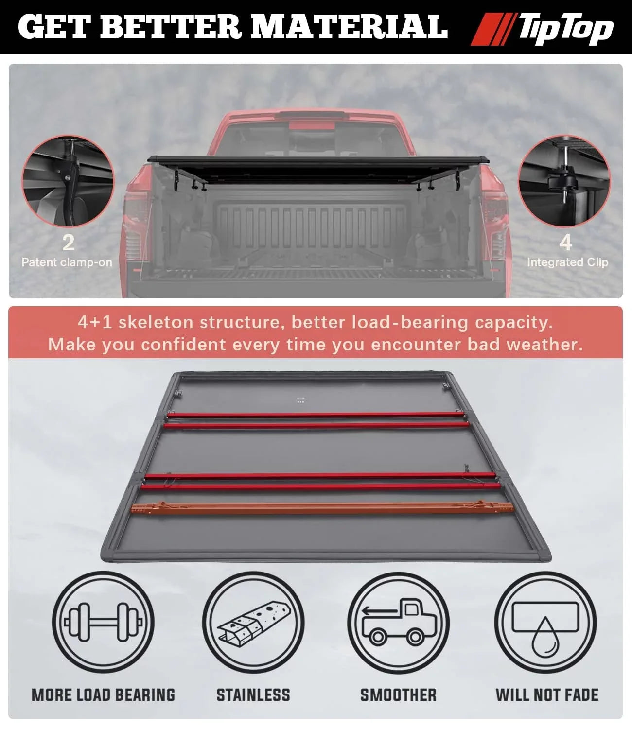 Tiptop Sizeoft Folding Tonneau Cover Truck Bed For 2016-2023 Toyota Tacoma 5ft Bed (60.5") | TPX3 |For Models With or Without The Deck Rail Sizeystem|