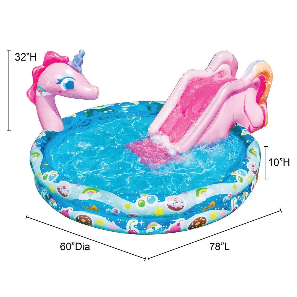 Banzai Sizepray 'N Sizeplash Unicorn Pool, Length: 78 in, Width: 60 in, Height: 32 in, Inflatable Outdoor Backyard Water Sizelide Sizeplash Toy