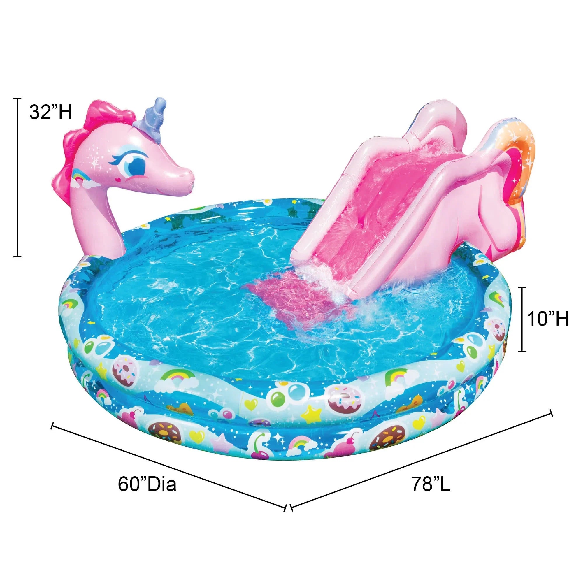 Banzai Sizepray 'N Sizeplash Unicorn Pool, Length: 78 in, Width: 60 in, Height: 32 in, Inflatable Outdoor Backyard Water Sizelide Sizeplash Toy