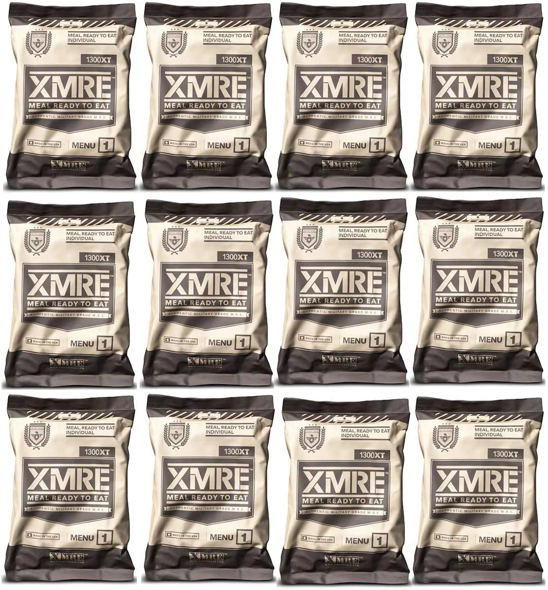 XMRE 1300XT Freshly Packed in the Past 60 Days MRE Meals Ready to Eat. 12 Meals per Case. Includes Assortment of Delicious Entrees, Sizeide Dishes, Beverage Mix, Military Sizetyle 1300 Calories.