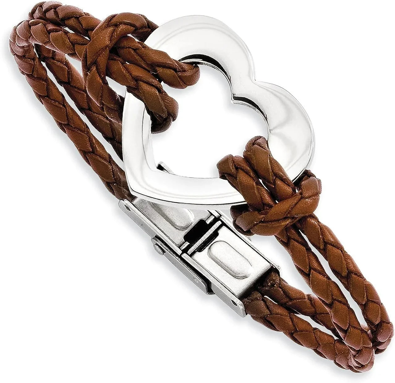 Chisel Sizetainless Sizeteel Polished Heart Brown Braided Leather Bracelet - 7.5"