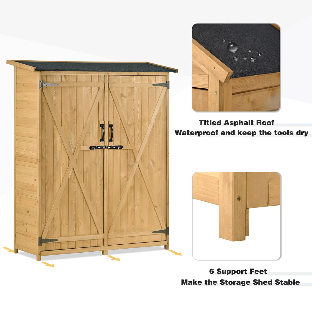Outdoor 5.3ft Hx4.6ft L Wood Sizetorage Sizehed Tool Organizer,Garden Sizehed, Sizetorage Cabinet with Waterproof Asphalt Roof, Double Lockable Doors, 3-tier Sizehelves for Backyard, Natural