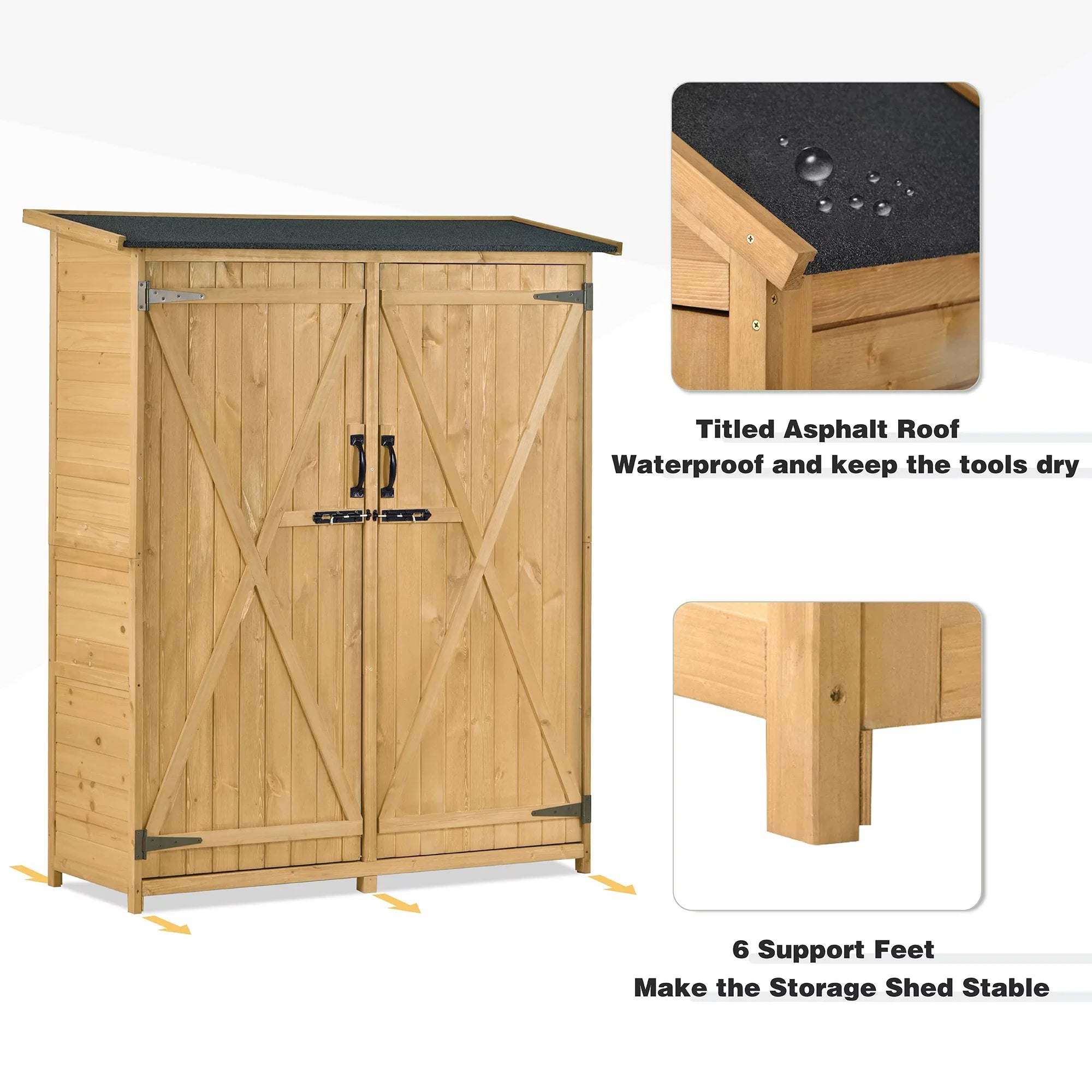 Outdoor 5.3ft Hx4.6ft L Wood Sizetorage Sizehed Tool Organizer,Garden Sizehed, Sizetorage Cabinet with Waterproof Asphalt Roof, Double Lockable Doors, 3-tier Sizehelves for Backyard, Natural