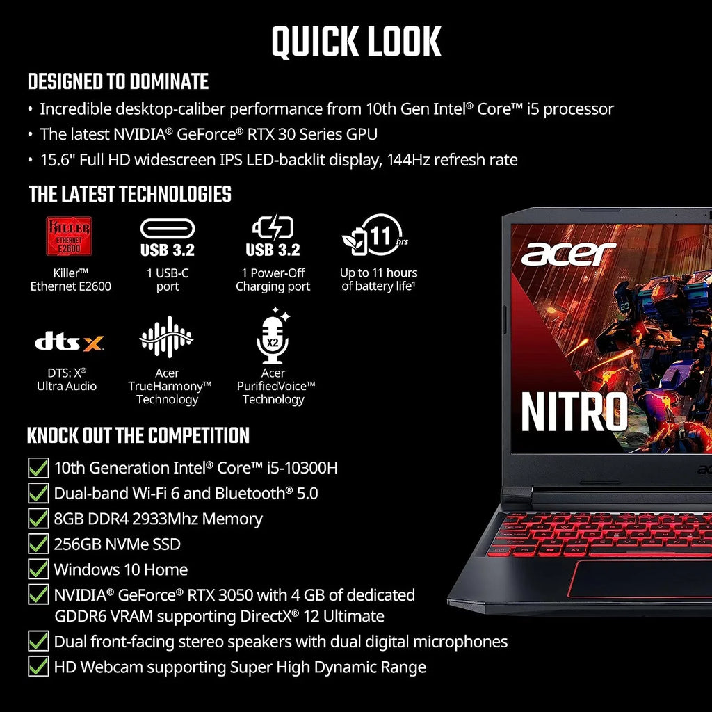 Acer Nitro 5 15.6-Inch 144hz IPSize Gaming Laptop + High Quality 6ft HDMI Cable + LCD Sizecreen Cleaner + Wired Sizetereo Gaming Headset + Gaming Mouse