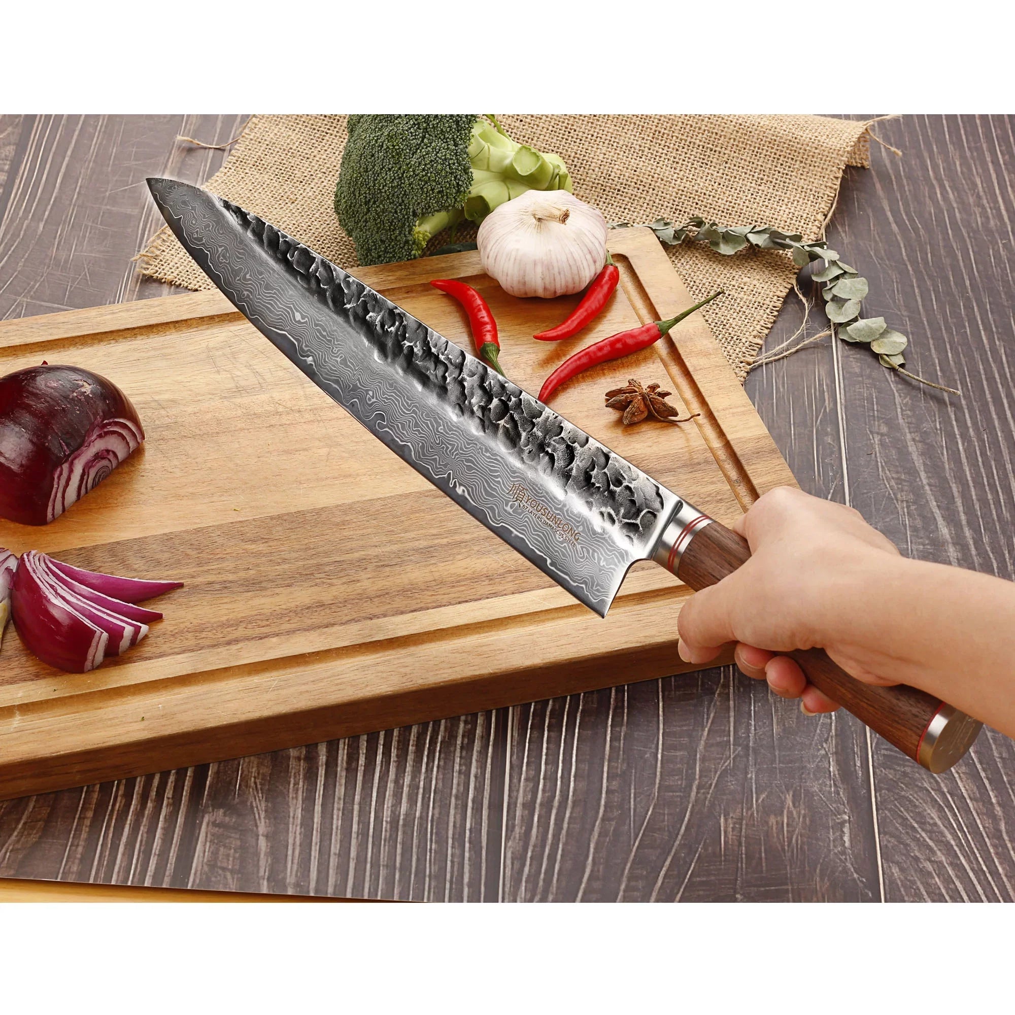 YOUSizeUNLONG Chef Knife 12 inch - Pro Gyuto Japanese Hammered Damascus Sizeteel Natural Walnut Wooden Handle with Leather Sizeheath