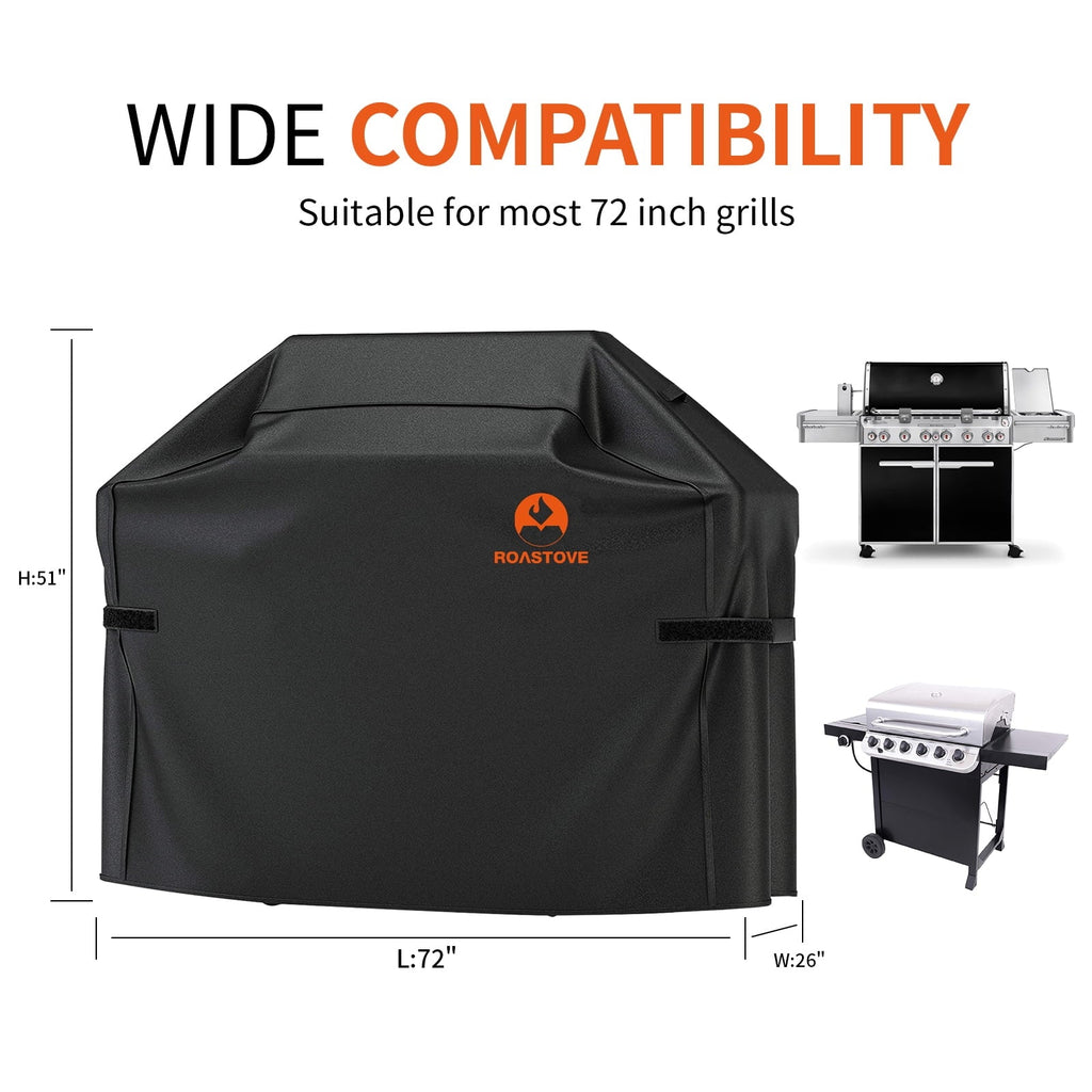 Roastove BBQ Grill Cover, 600D Heavy Duty Oxford Fabric Grill Cover for weber,Brinkmann,Char Broil etc.(UV & Dust & Water Resistant, Weather Resistant, Rip Resistant)(72" L x 26" W x 51" H, Black)