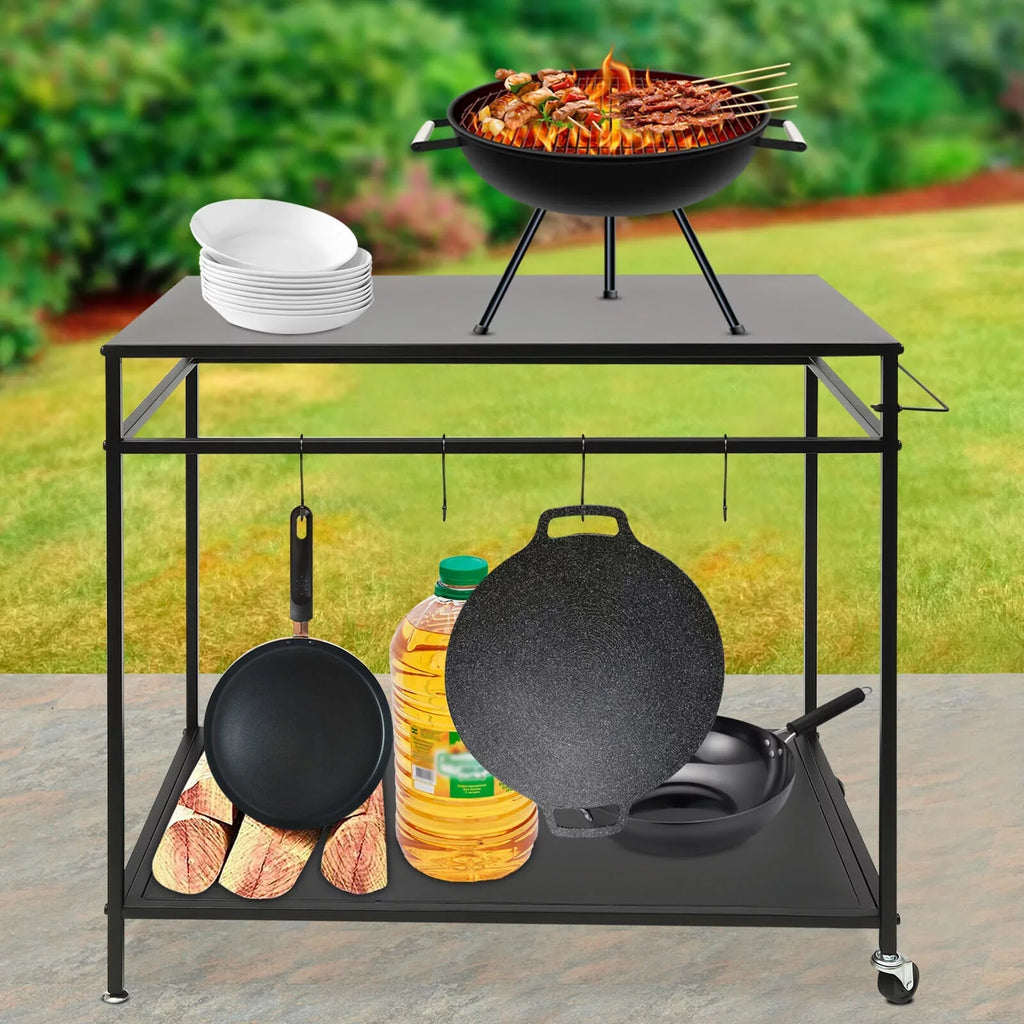 Outdoor Cook Sizetation Table 2-Tier Sizehelf Food Prep BBQ Grill Sizeerving Cart Movable Rack