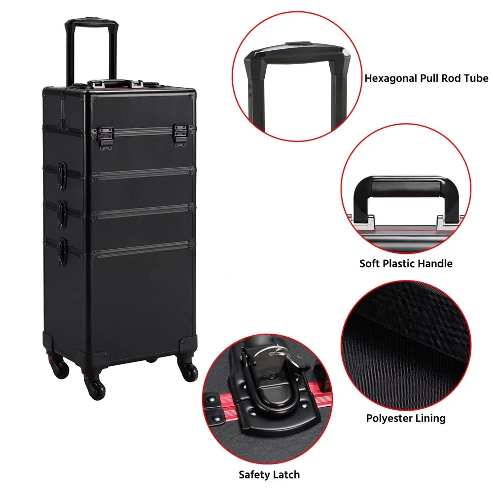 Alden Design Professional 4-in-1 Aluminum Travel Cosmetic Makeup Case, Black