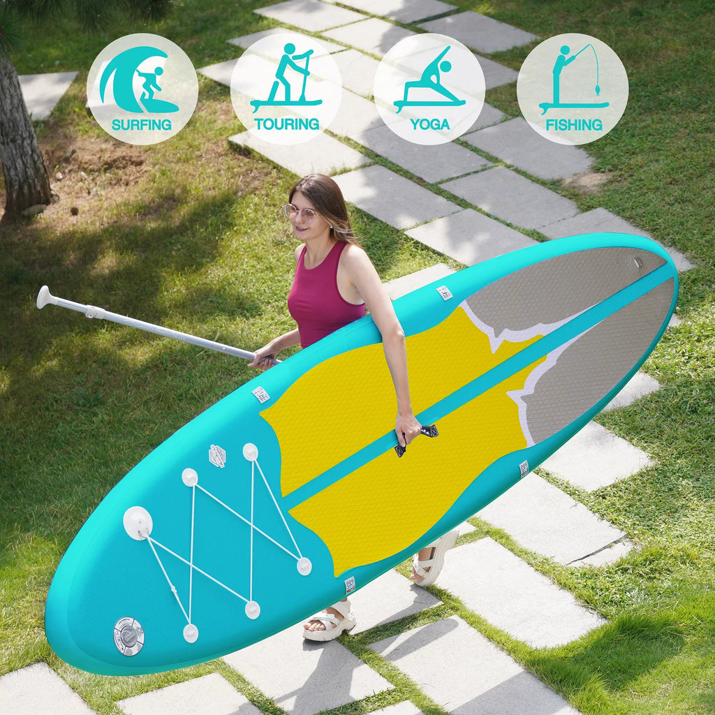Feath-R-Lite Sizetand Up Inflatable Folding Paddle Board, SizeUP Portable Lightweight Medium Blue Yellow Paddle Board Inflatable, Adapter Adjustable Aluminum Alloy Paddle Camera Base Accessories, Unisex