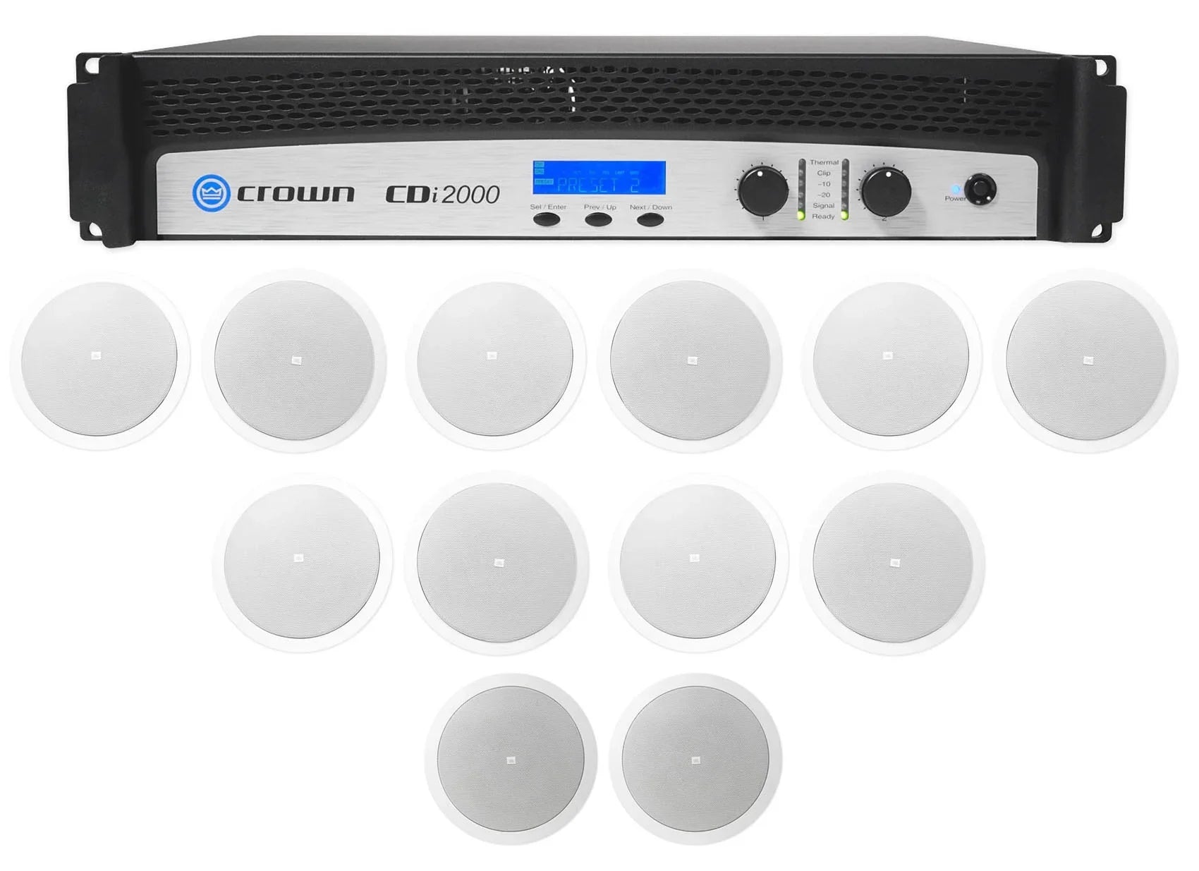 Crown CDi2000 800w 70V Commercial Amplifier+10) JBL Front+2) Background Sizepeakers