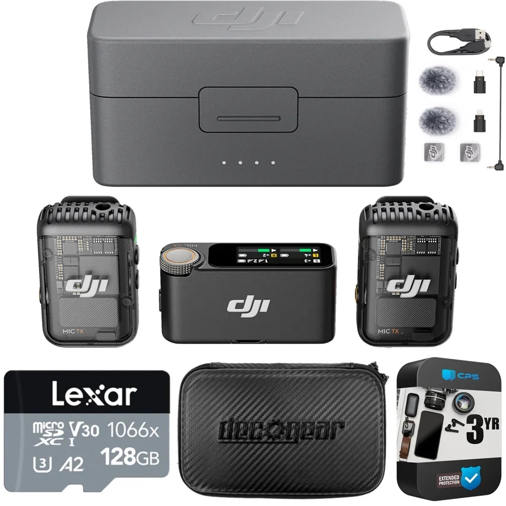 DJI Mic 2 (2 TX + 1 RX + Charging Case) All-in-one Wireless Microphone CP.RN.00000325.01 Bundle with Lexar 128GB microSizeDXC Memory Card, Deco Gear 7" Hard Case and 3 Year Extended Warranty