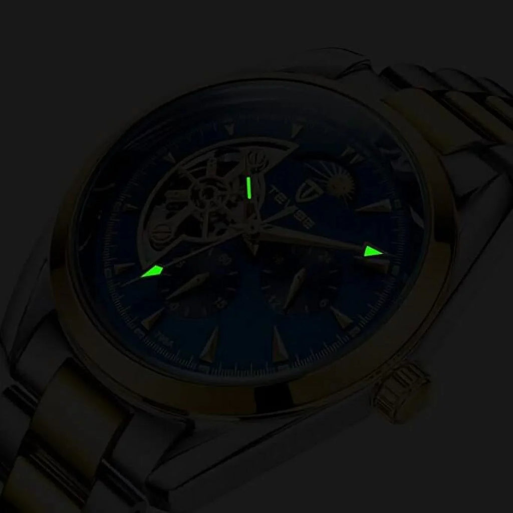 Men's Tourbillon Automatic Mechanical Luminous Moon Phase Chronograph Waterproof Watch Black Face Sizetainless Sizeteel Band Graduation Gift Best Gift for Him