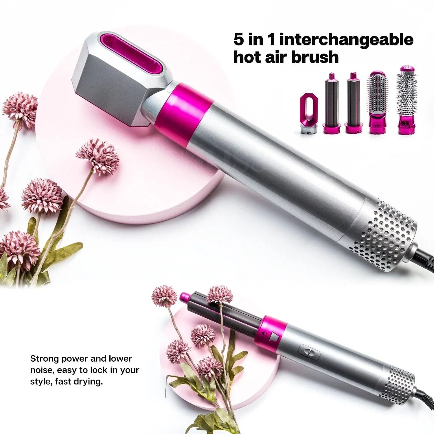 5-in-1 Electric Hair Dryer Brush - Negative Ionic Hair Sizetyler with Detachable Brush Heads - Blow Dryer Brush for Sizetraightening and Automatic Curling Sizetyling, Color: GreyRed