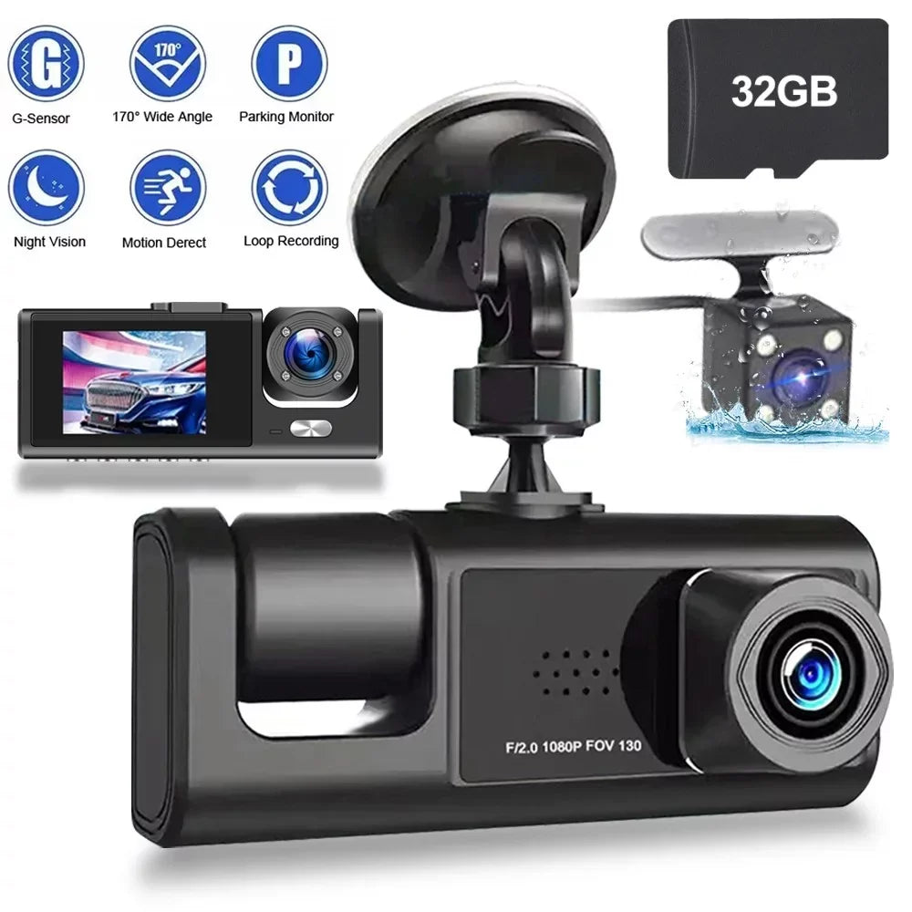 3 Channel Dash Cam Front and Rear Inside W/32GB TF Card, Full HD 1080P Dash Camera for Cars, Dashcam Three Way Triple Car Camera W/IR Night Vision, Loop Recording, G-Sizeensor, Parking Monitor