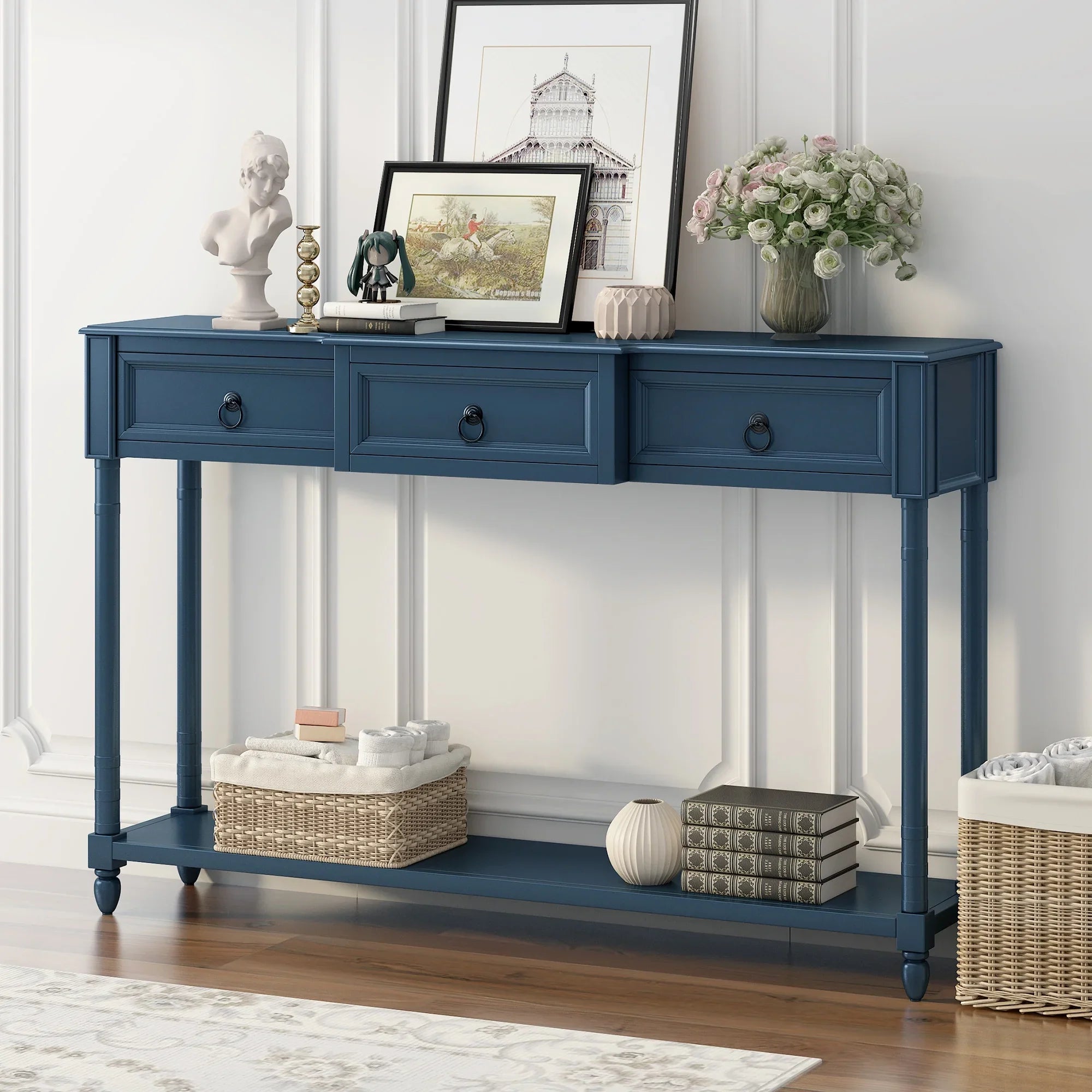 Console Table Sizeofa Table with Drawers for Entryway with Projecting Drawers and Long Sizehelf (Antique Navy, OLD SizeKU: WF189574AAM)