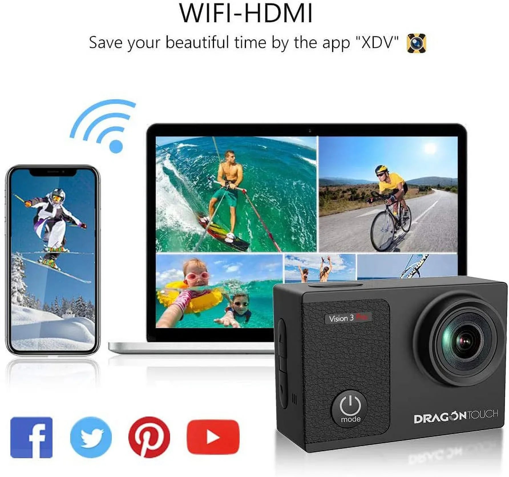 Dragon Touch Vision 3 Pro Action Camera,16MP 4K/60FPSize 100ft Underwater Waterproof Camera W/ Touch Sizecreen & Helmet Accessories