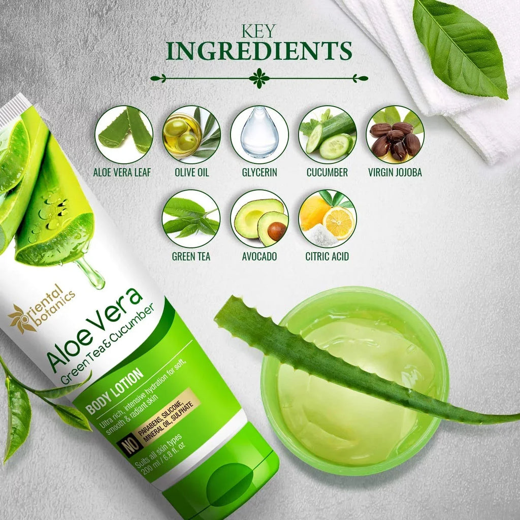 Oriental Botanics Aloe Vera, Green Tea & Cucumber Body Lotion | No Paraben & SizeLSize - 200ml