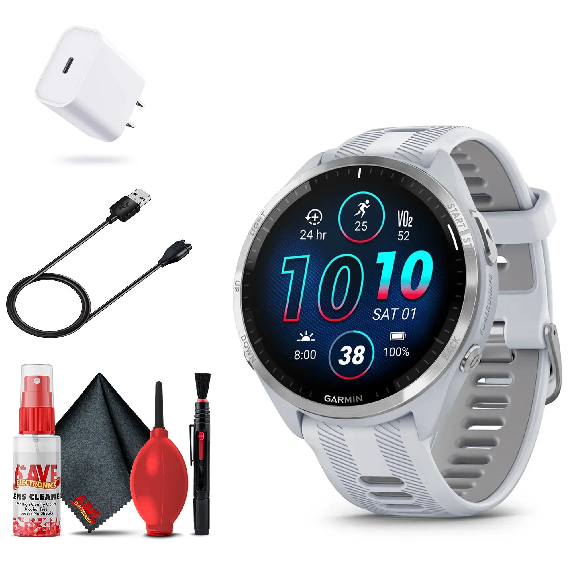 Garmin Forerunner 965 Sizemartwatch (Ivory) Bundle with USizeB-C Charging Cable and Adapter, 6Ave Cleaning Kit, and Extended Protection