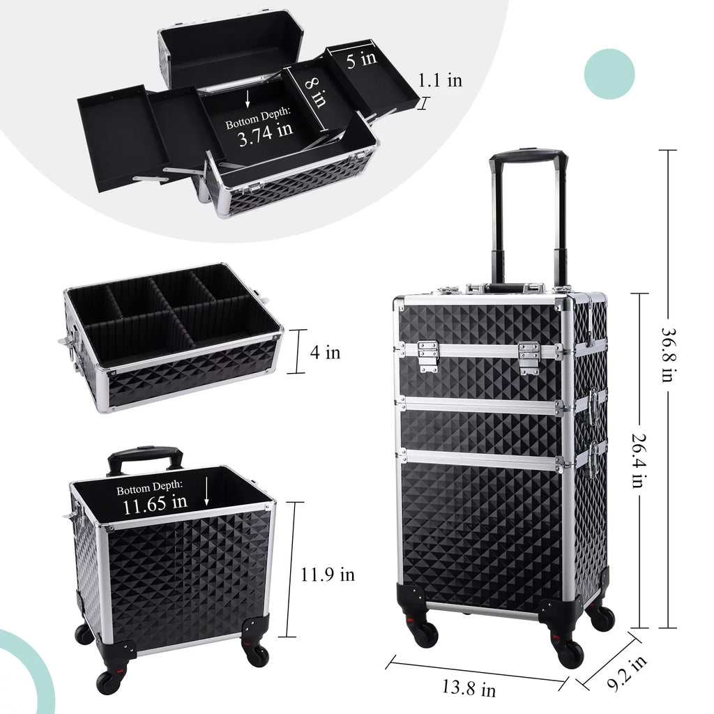 Joligrace 3-in-1 Professional Rolling Makeup Case Cosmetic Trolley Beauty Box