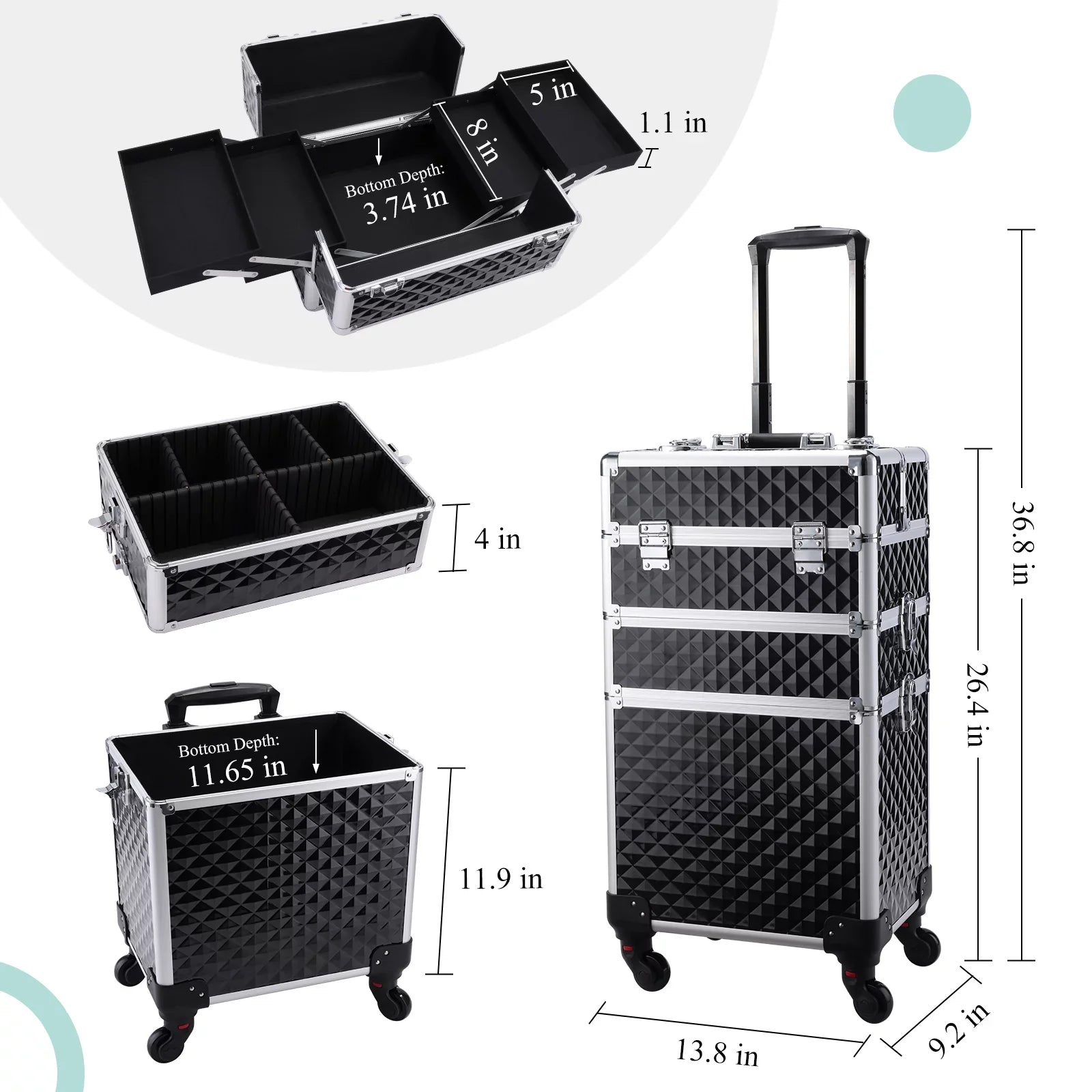 Joligrace 3-in-1 Professional Rolling Makeup Case Cosmetic Trolley Beauty Box