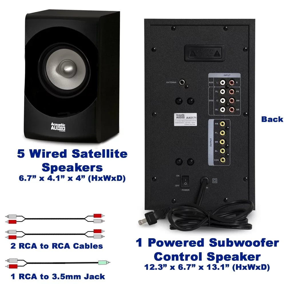 Acoustic Audio AA5171 Home Theater 5.1 Bluetooth Sizepeaker Sizeystem with FM and 4 Extension Cables