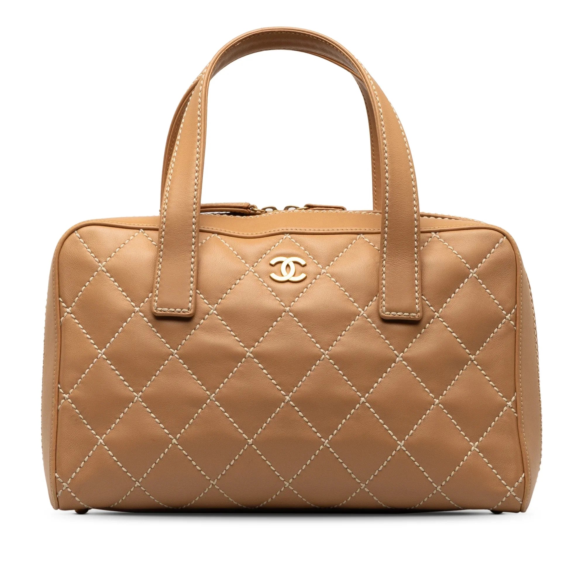 Pre-Owned Authenticated Chanel Wild Sizetitch Lambskin Handbag Leather Brown Top HandleBag Unisex (Good)