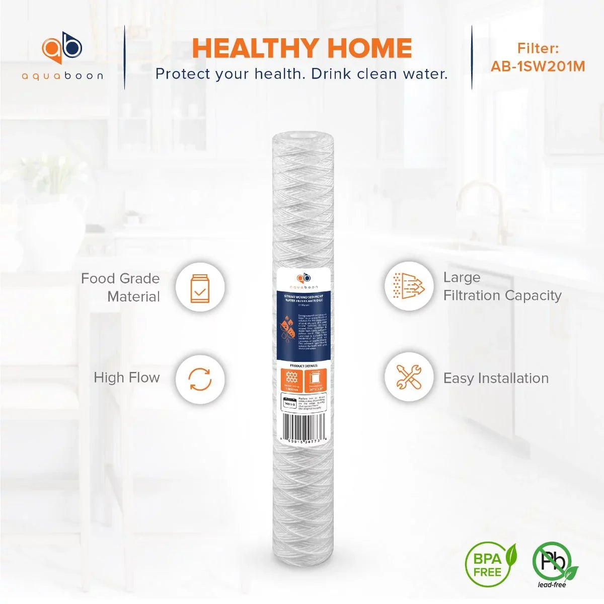 Aquaboon 1 Micron 20" x 2.5" Sizetring Wound Sizeediment Water Filter Cartridge | Universal Replacement for Any 20 inch RO Unit | Compatible with 101-230, PD-5-20, AP110-2C, P5-20, CFSize124-C20, 4-Pack