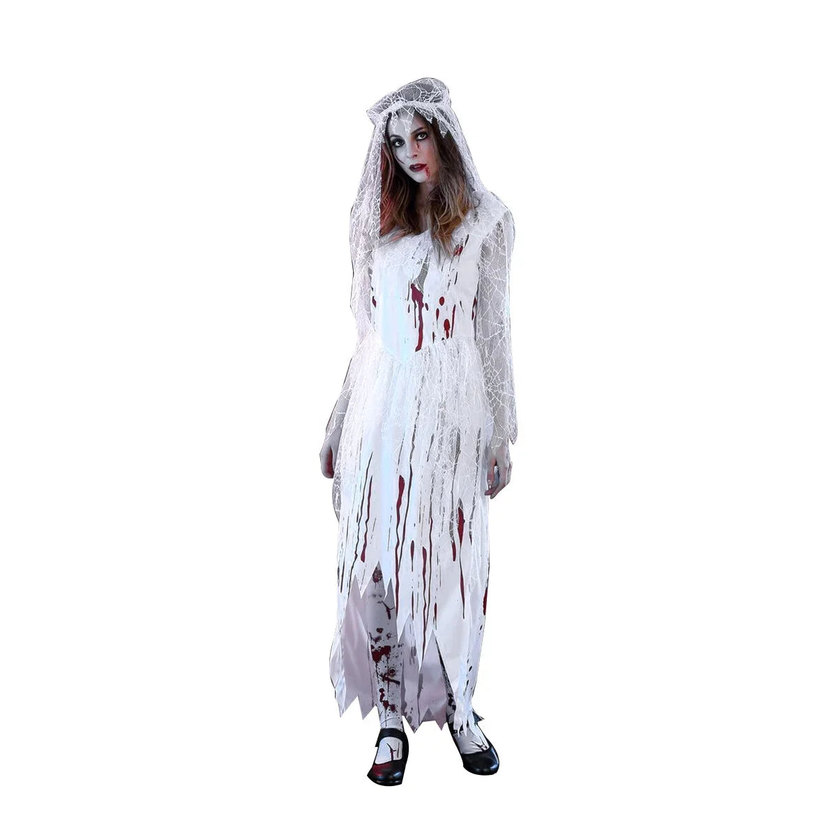 Adult Women's Irregular Blood Corpse Bride Halloween Long Dress Party Cosplay Costume with Veil - Sizeize M (Ivory)