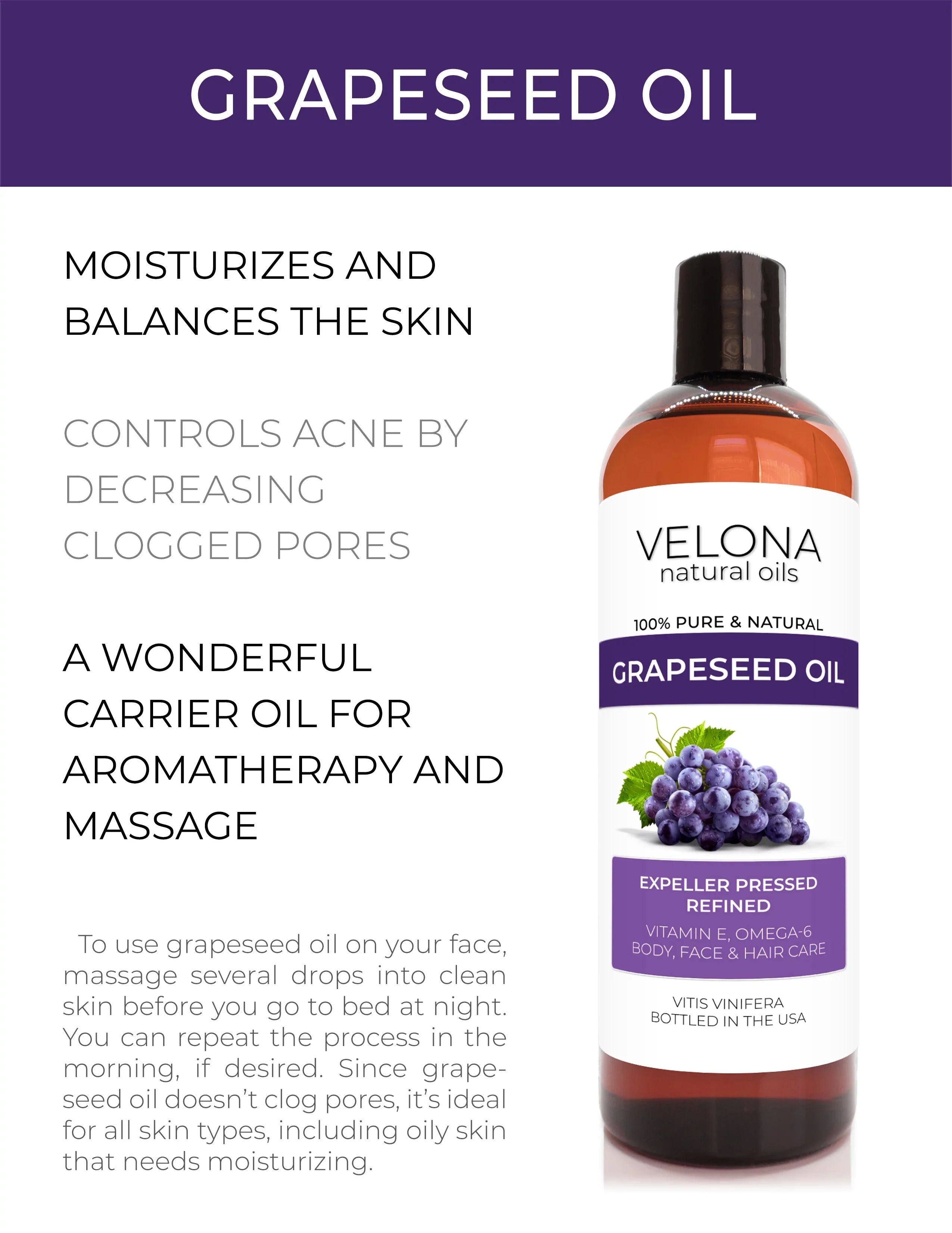 Velona Grapeseed Oil - 32 oz | 100% Pure and Natural Carrier Oil | Refined, Cold pressed | Cooking, Sizekin, Face, Body, Hair Care