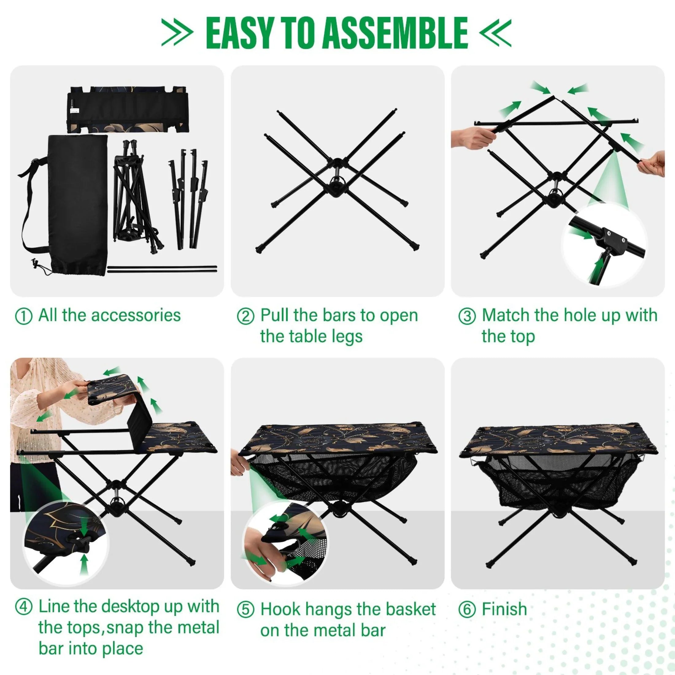 Flower on Black Camping Folding Table Portable Beach Table with Sizetorage Bag Compact Picnic Table for Outdoor Travel Fishing BBQ