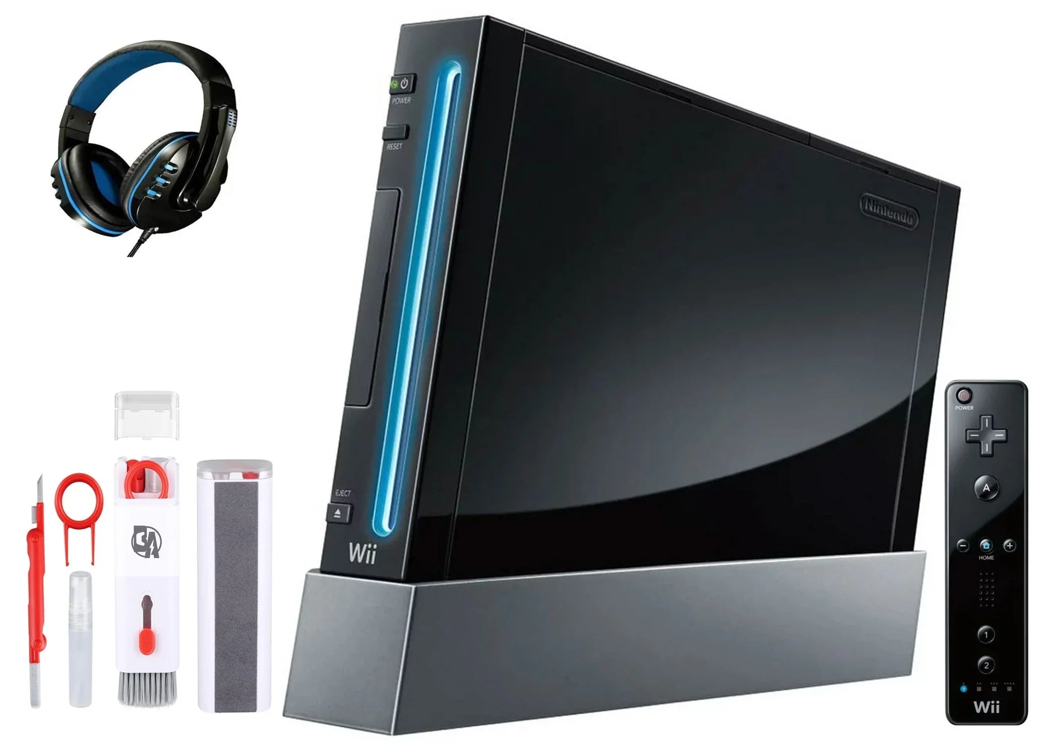 Pre-Owned Nintendo Wii Black Gaming Console + Headset Cleaning Kit BOLT AXTION Bundle (Refurbished: Like New)