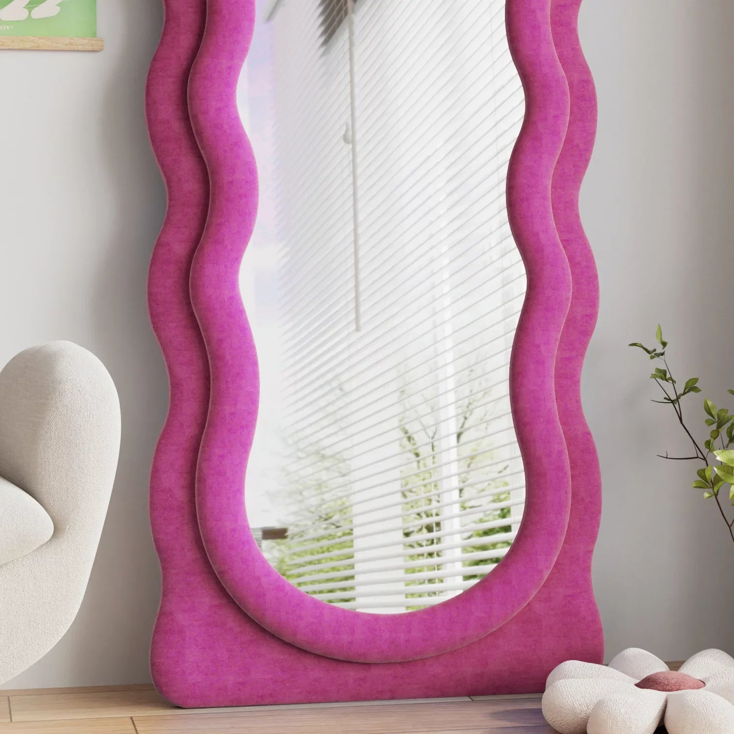 VLUSizeH Wavy Full Length Mirror, Freestanding Floor Mirror with Sizetand, 63"x24" Wall Mounted Mirror for Bedroom (Pink)