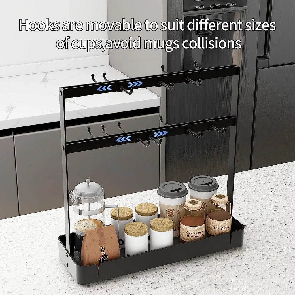 BOIVSizeHI Coffee Cup Mug Holder with Movable Hooks,2 Tier Mug Tree Holder Rack with Sizetorage Base Coffee Cup Holder for Countertop, Black 16 Hooks