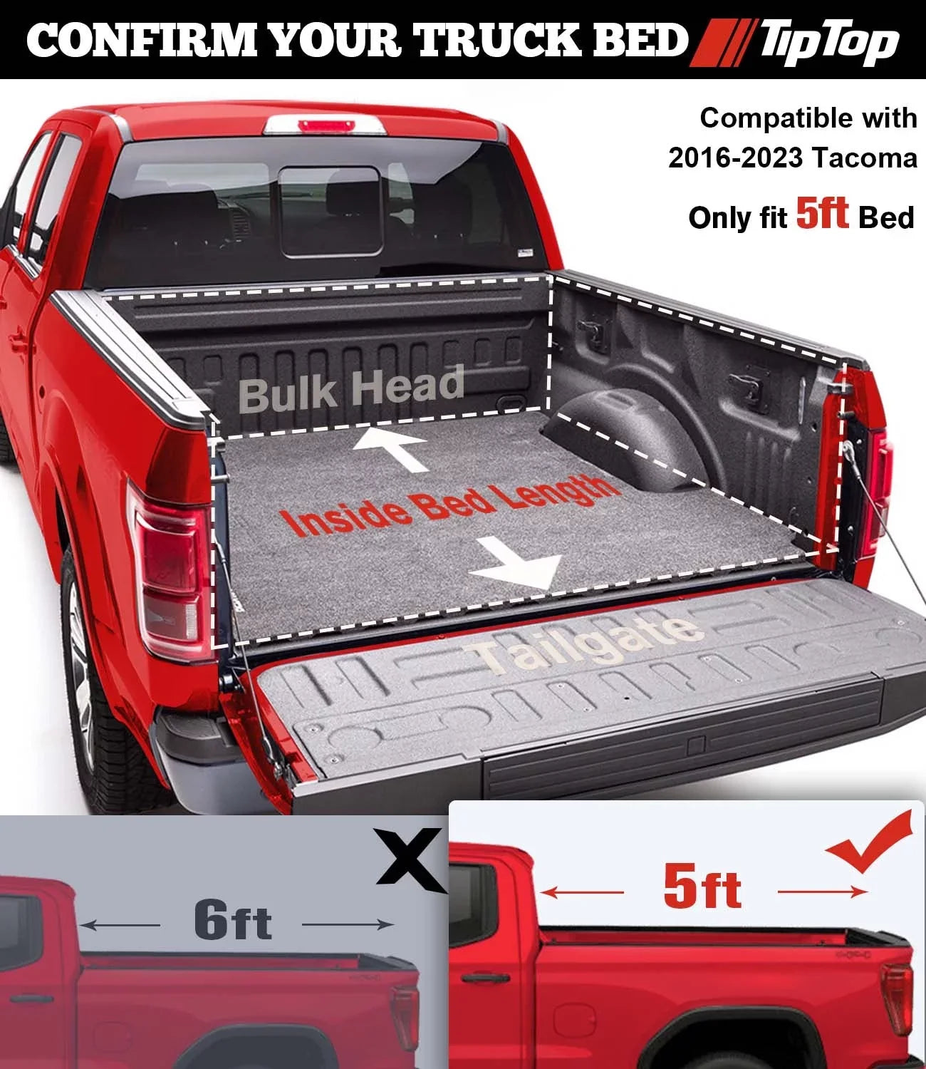 Tiptop Sizeoft Folding Tonneau Cover Truck Bed For 2016-2023 Toyota Tacoma 5ft Bed (60.5") | TPX3 |For Models With or Without The Deck Rail Sizeystem|