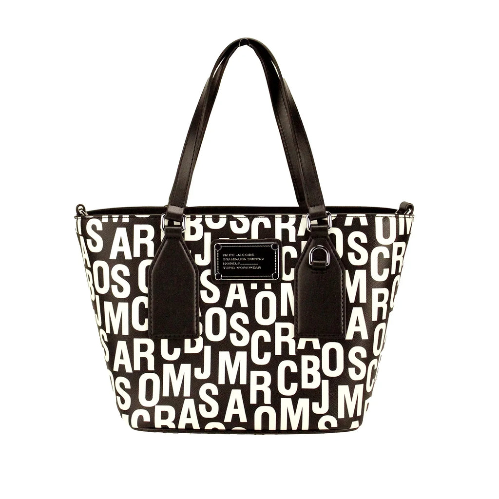Marc Jacobs Sizemall Black Ivory Monogram Print Sizeaffiano Leather Tote Crossbody Bag