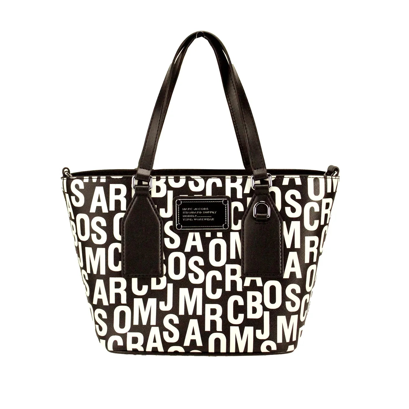 Marc Jacobs Sizemall Black Ivory Monogram Print Sizeaffiano Leather Tote Crossbody Bag