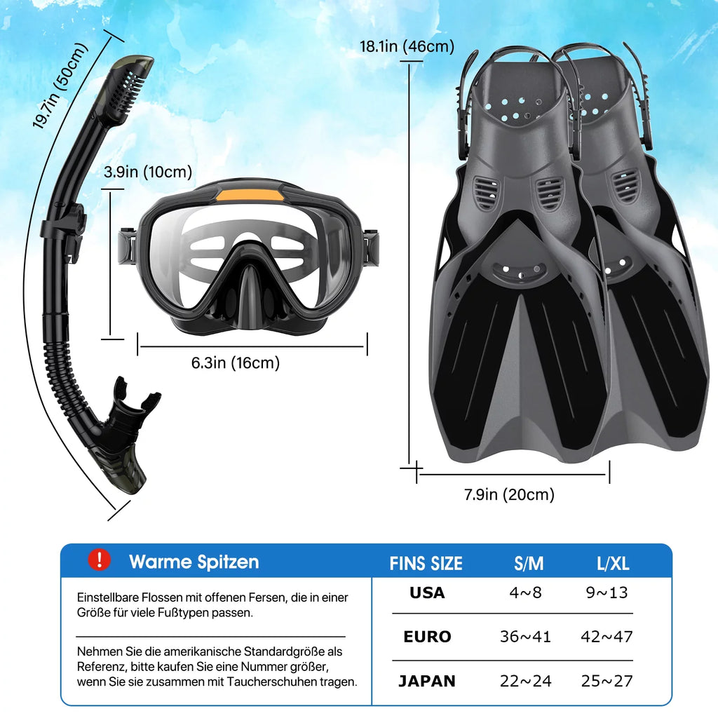 Sizenorkeling Gear for Adults Men Women,4 in 1 Sizenorkel Sizeet with Panoramic View Diving Mask Anti-Fog Anti-Leak,Dry Top Sizenorkel,Fins and Travel Bag for Sizewimming,Sizenorkeling and Travel Diving