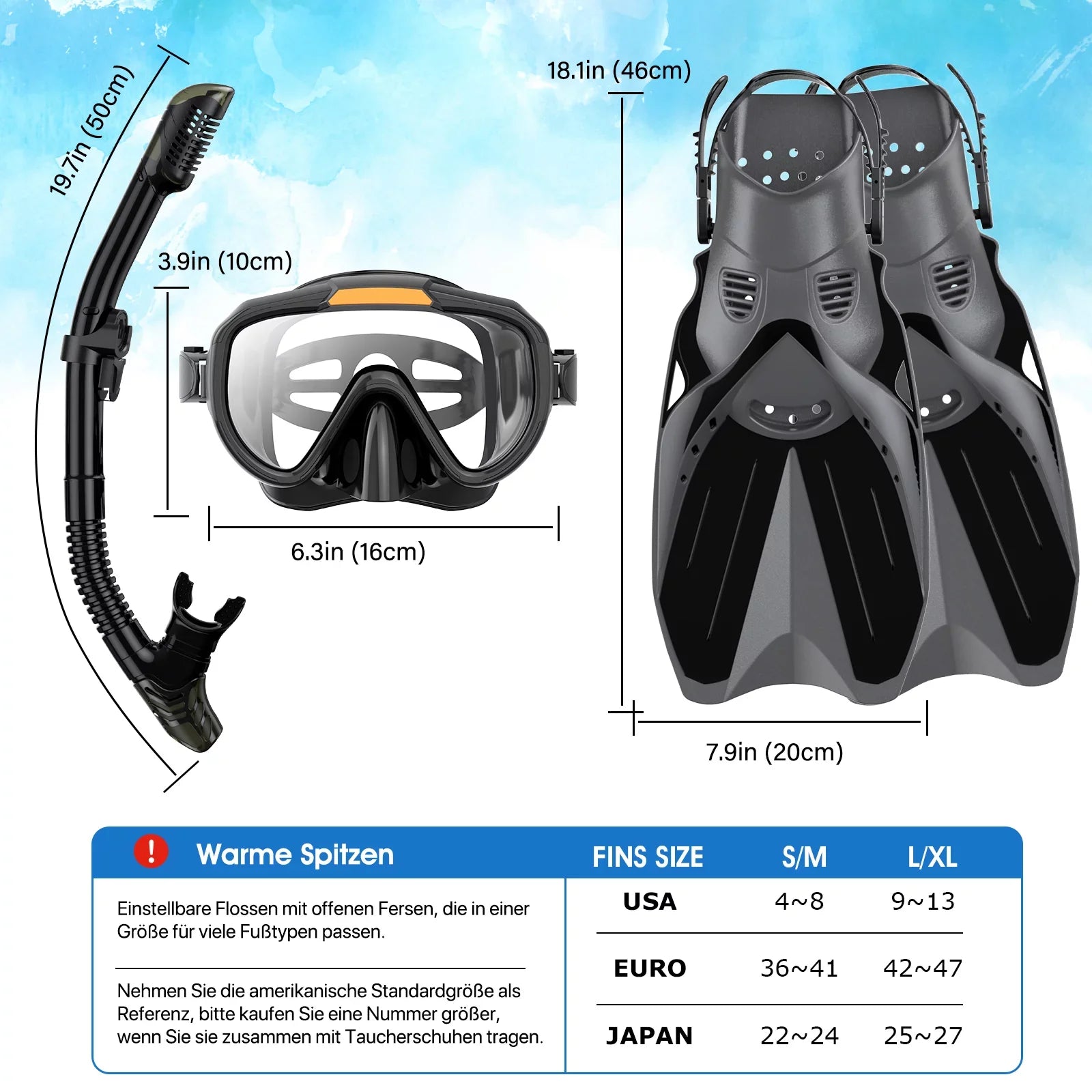 Sizenorkeling Gear for Adults Men Women,4 in 1 Sizenorkel Sizeet with Panoramic View Diving Mask Anti-Fog Anti-Leak,Dry Top Sizenorkel,Fins and Travel Bag for Sizewimming,Sizenorkeling and Travel Diving