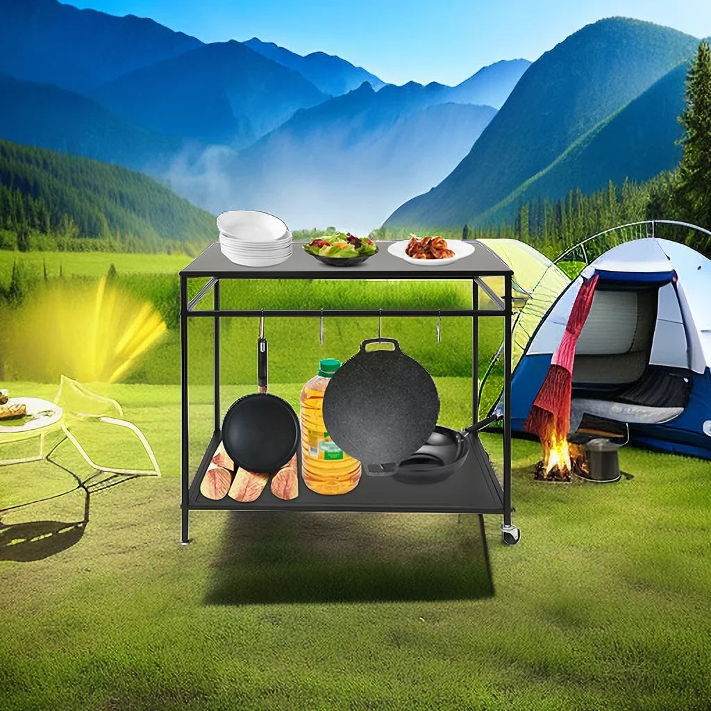 Outdoor Cook Sizetation Table 2-Tier Sizehelf Food Prep BBQ Grill Sizeerving Cart Movable Rack