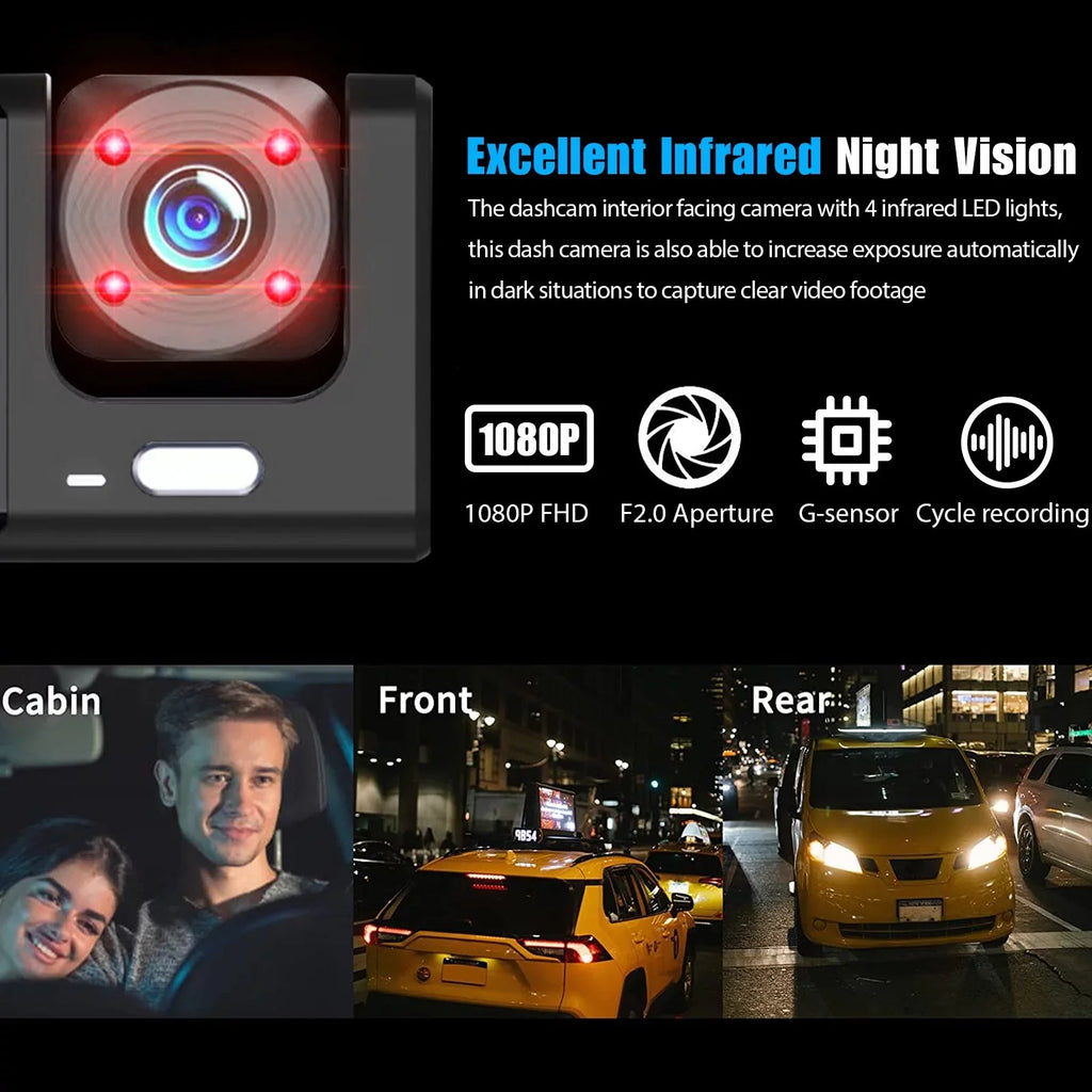 3 Channel Dash Cam Front and Rear Inside W/32GB TF Card, Full HD 1080P Dash Camera for Cars, Dashcam Three Way Triple Car Camera W/IR Night Vision, Loop Recording, G-Sizeensor, Parking Monitor