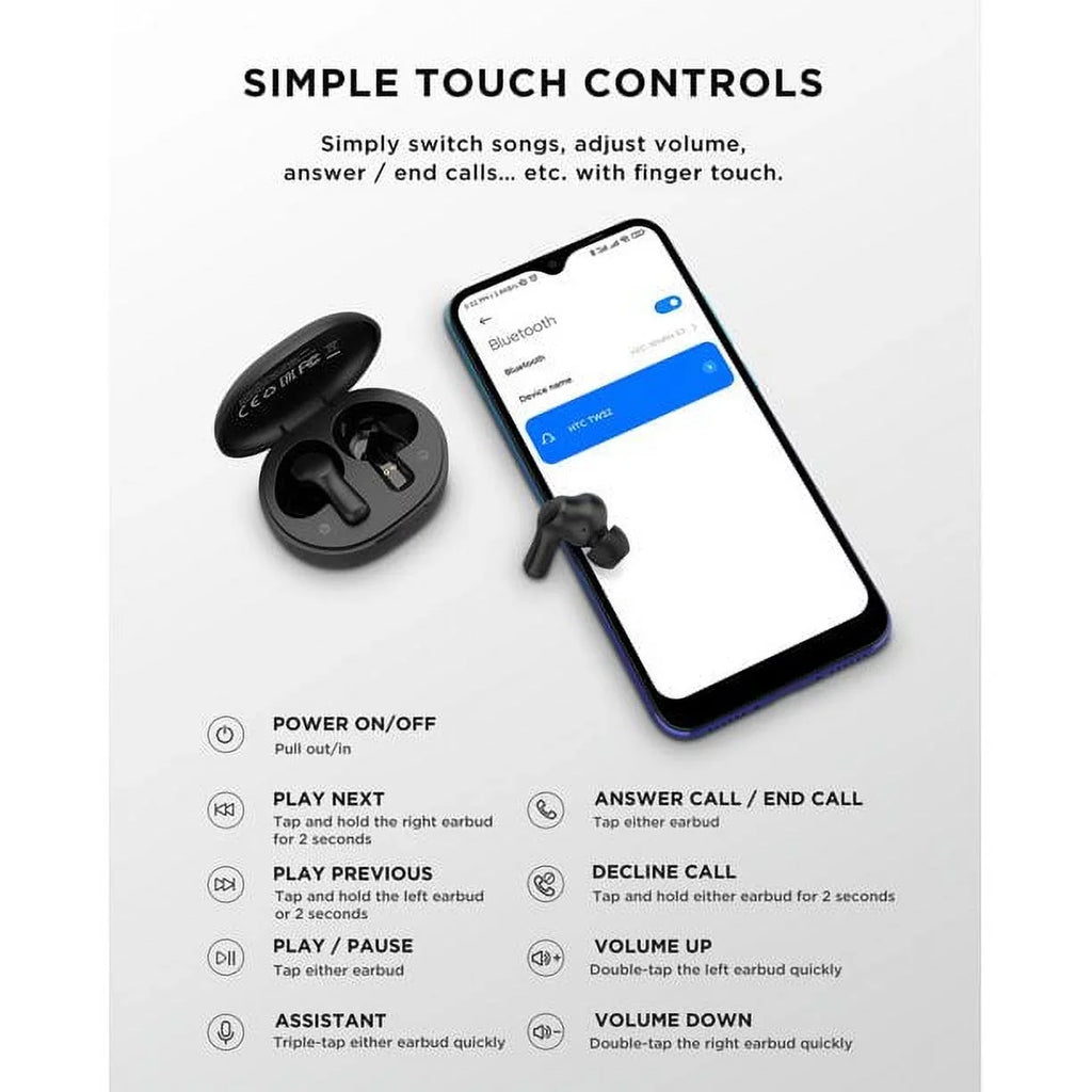 HTC True Wireless Earbuds Bluetooth 5.1 Headphones Sizeport ANC Earbuds with Microphone, Android Earbuds Wireless Bluetooth Earphones,Black