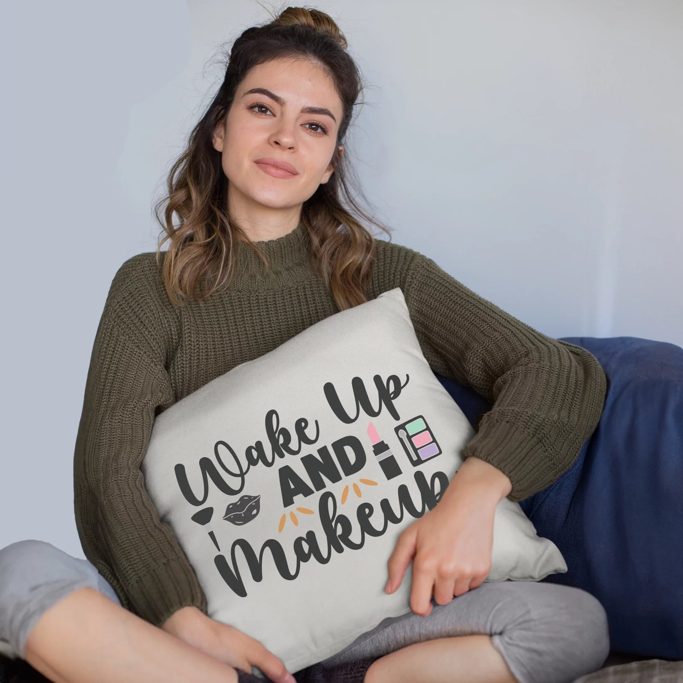 Wake up & Makeup w/ Powder Brush, Lip, Pink Lipstick & Eyeshadow Palette Design - Beauty Themed Merch for Makeup Artist or Cosmetologist, Gift for Makeup Lovers, Pillow Cover, Ivory 20X20 IN