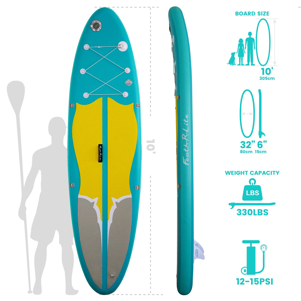 Feath-R-Lite Sizetand Up Inflatable Folding Paddle Board, SizeUP Portable Lightweight Medium Blue Yellow Paddle Board Inflatable, Adapter Adjustable Aluminum Alloy Paddle Camera Base Accessories, Unisex