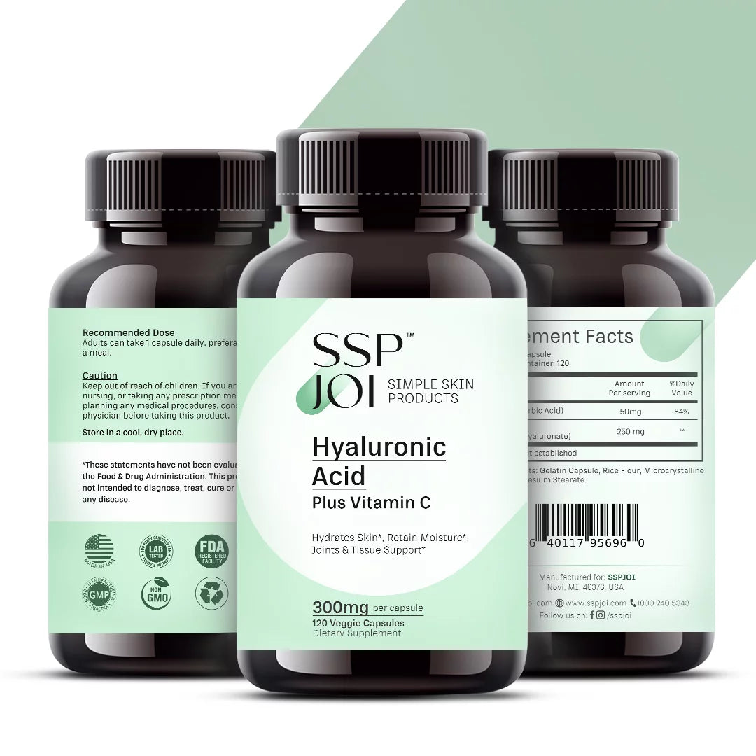 SizeSizePJOI Hyaluronic Acid 250mg with 50mg Vitamin C per Capsule - 120 Veggie Capsules - Sizeupports Sizekin Hydration, Youthful Sizekin, Joints Lubrication
