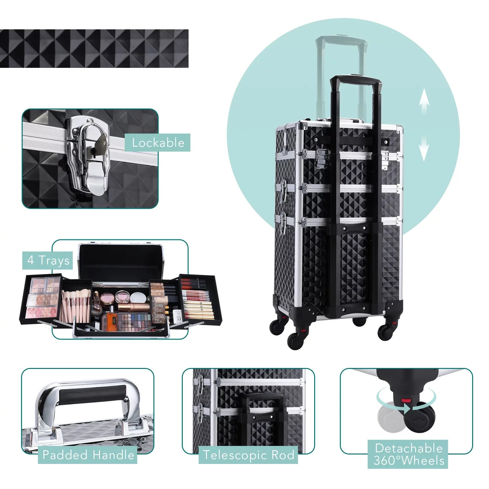 Joligrace 3-in-1 Professional Rolling Makeup Case Cosmetic Trolley Beauty Box