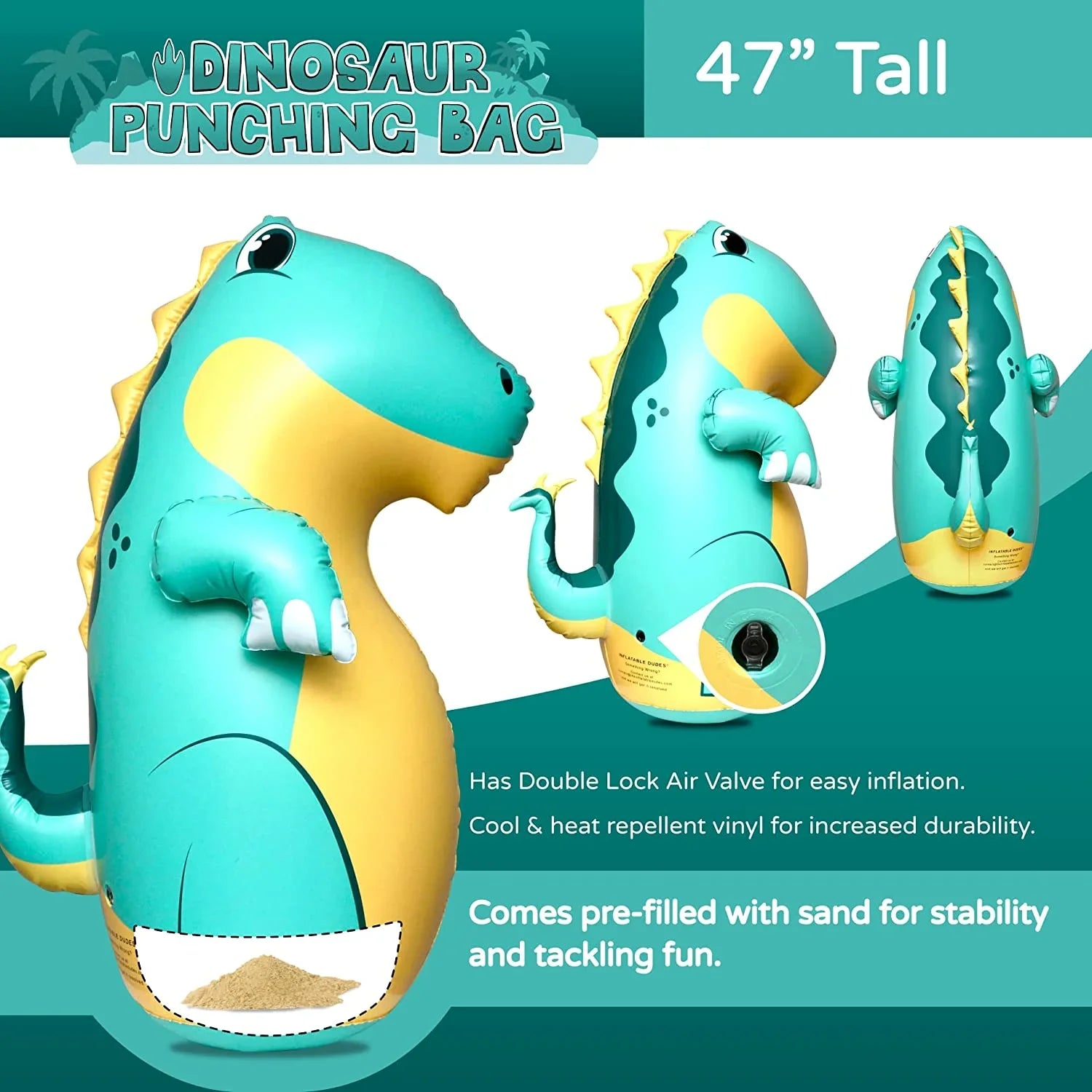 (Inflatable Dudes) Green Sizetegosaurus Dinosaur 47 inches -Kids Punching Bag |Filled with Sizeand